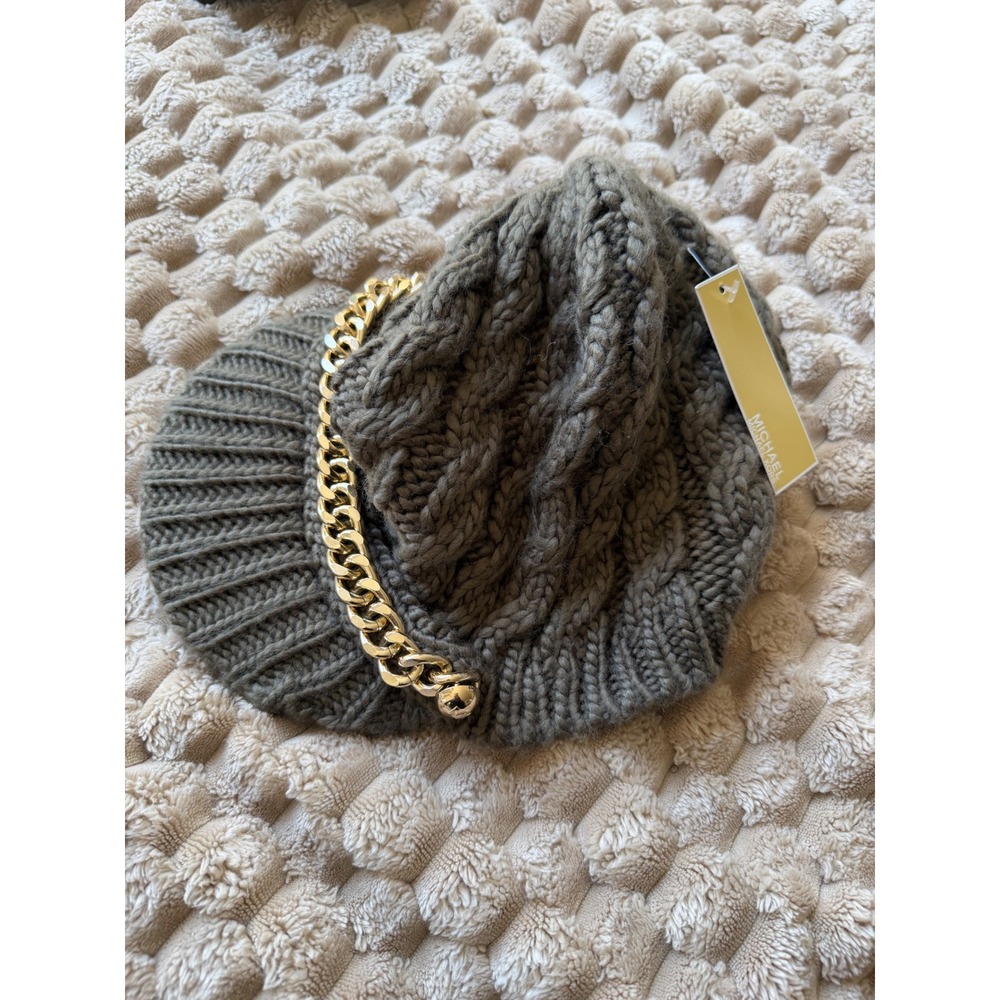Michael Kors Olive Green Cable Knit Newsboy Cap Gold Chain Baker Boy Hat NEW - Picture 3 of 5
